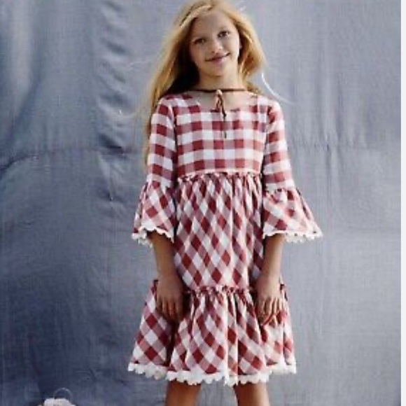 Matilda Jane Rusty Red KASSIDY Flannel Plaid Bell Sleeve Dress Crochet Accents 8 - Picture 2 of 7